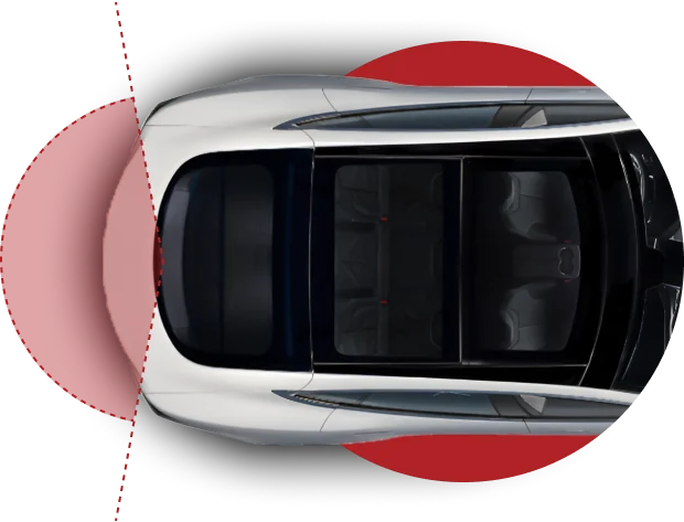 A top-down view of a white Tesla with a panoramic glass roof, highlighting its sensor coverage with red-shaded areas around the front and rear. The red arcs and dashed lines illustrate the vehicle's advanced driver-assistance system, possibly indicating obstacle detection or autonomous driving features.