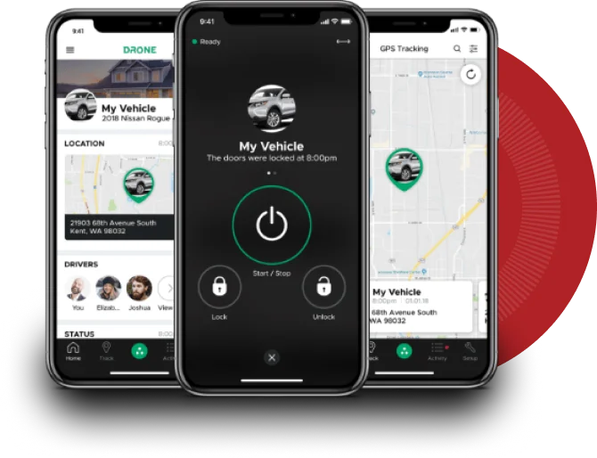 Three smartphones displaying a vehicle tracking and remote control app, with features like GPS tracking, remote start/stop, and lock/unlock functionality. The screens show a map with a car's location, status updates, and driver information.
