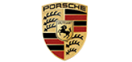 The Porsche logo, featuring a gold shield with black and red stripes, a black prancing horse in the center, and the word "Porsche" at the top, symbolizing the German luxury sports car brand.