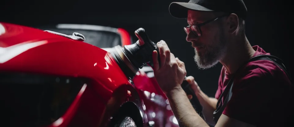 A professional detailer wearing glasses, a cap, and a burgundy shirt carefully polishes the glossy red body of a sports car using a rotary buffer. The dimly lit background contrasts with the car's reflective surface, emphasizing the precision of the detailing work.